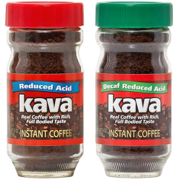 Kava Low Acid Instant Coffee Lover Bundle Set, Glass Jar of Each, Regular & Decaf