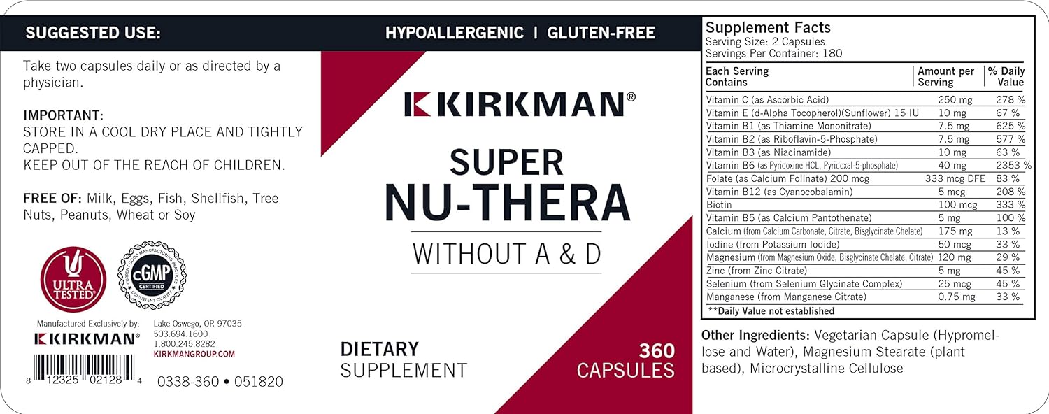 Kirkman Super Nu-Thera® w/o Vitamins A and D - Hypoallergenic || 360 V
