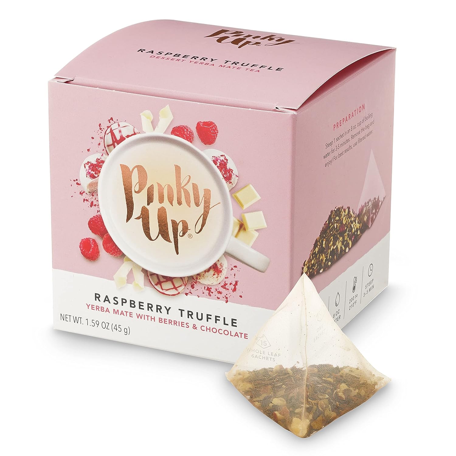 Pinky Up Red Raspberry Truffle Pyramid Tea Sachets - Caffeine Per Serving, NON-GMO & Gluten Free, Certified Kosher - 15 Biodegradable Whole Tea bags