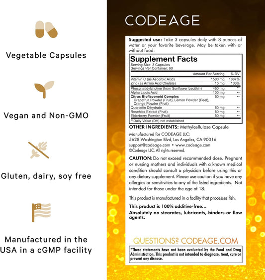Codeage Liposomal Vitamin C 1500mg with Zinc, Elderberry, Citrus Bioflavonoids Grapefruit, Lemon, Orange Powder, Quercet