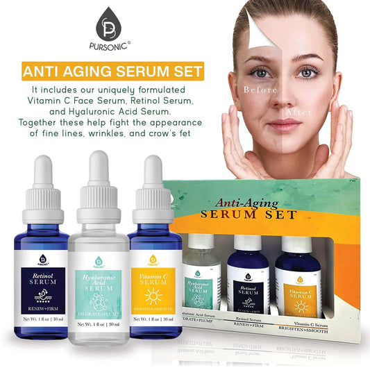 Pursonic Anti Aging Serum Set For Face 3 Pack, Hyaluronic Acid, Retinol Serum & Vitamin C Serum Perfect For Smoothing Wrinkles, Dry Skin, Fine Lines And More!