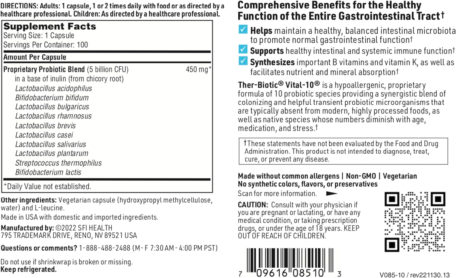 Klaire Labs Vital-10 Probiotic - 10 Species Supplement with Lactobacil