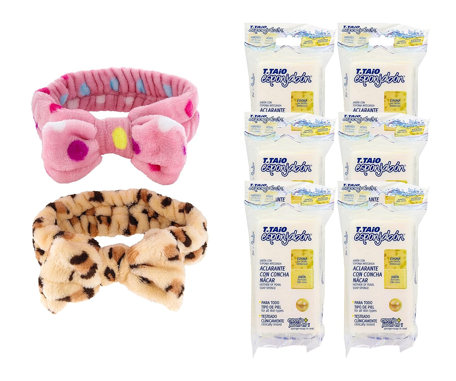 T. Taio Esponjabon Skin Lightening Pearl Soap Sponge (Concha Nacar) Pack of 6 Bundle with 2 Premium Penguin Spa Bow Headbands - Designs May Vary