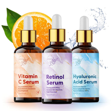 Anti-Aging Facial Serum Set. Vitamin C Serum, Retinol Serum and Hyaluronic Acid Serum for Brightening, Firming & Hydrating for Face. Total Skin Reset, Anti-Wrinkle and Dark Circle Remover. 3x1