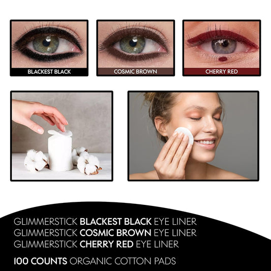 eldimer 4 PCS Set - Avon Glimmerstick Eyeliner - Blackest Black - Cosmic Brown - Cherry Red - Organic Cotton Pads Makeup Remover Pads