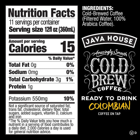 Java House Cold Brew Coffee On Tap, (128 Fluid Ounce Box) Not a Concentrate, No Sugar, Ready to Drink Liquid (Colombian Roast)