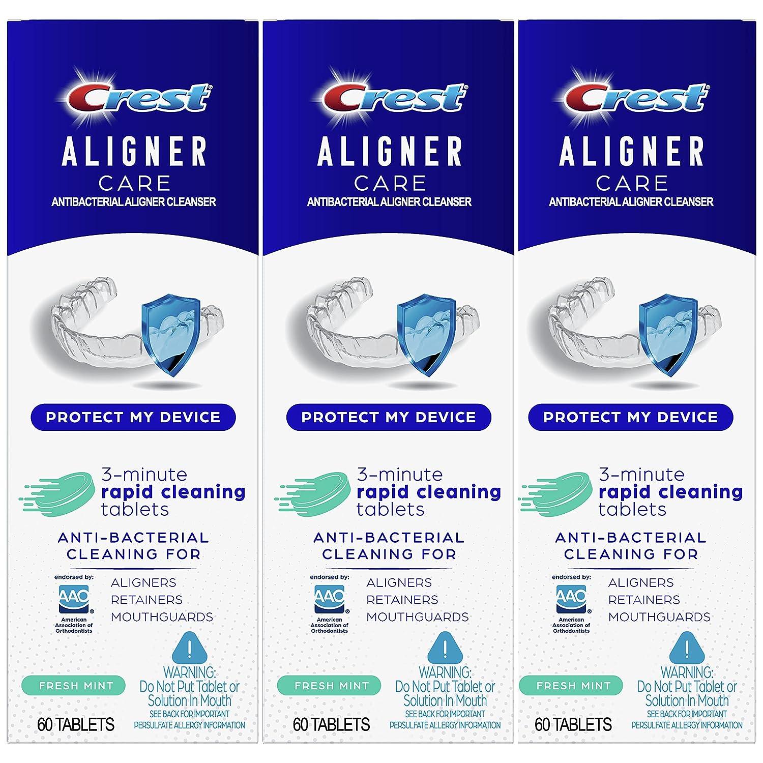 Crest Aligner Care Rapid Cleaning Tablets for Aligners, Retainers, Mouthguards, 60-Count, Pack of 3