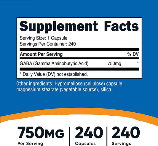 Nutricost GABA (Gamma Aminobutyric Acid) 750mg, 240 Capsules, 240 Servings - Non-GMO, Gluten Free