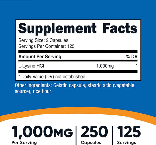 Nutricost L-Lysine 1000mg, 250 Capsules - 500mg Per Cap, Gluten Free, Non-GMO