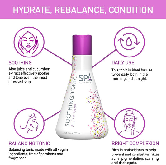 Spa Sciences - Soothing Tonic - with Aloe Juice, Cucumber Extract, Hyaluronic Acid - Hydrate, Rebalance, Condition - Vegan - for All Skin Types - 6.67