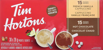 Tim Hortons Hot Chocolate Assorted Variety, French Vanilla & Cappuccino, 15 Packets (Imported from Canada)