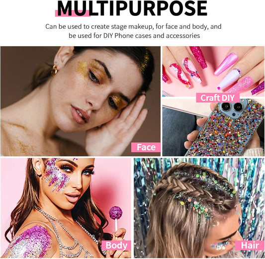 CHASPA Chunky Body Glitter Holograhic Glitter for Face Glitter Makeup, Hair, Eye and Nails with Eyelash Glue and 5 Brush
