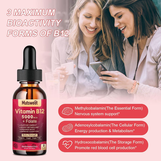 Vitamin B12 5000 mcg Extra Strength, (Vegan) B12 Sublingual Liquid 2 Fl Oz - Tri-Blend B12 Methylcobalamin Drops with Fo