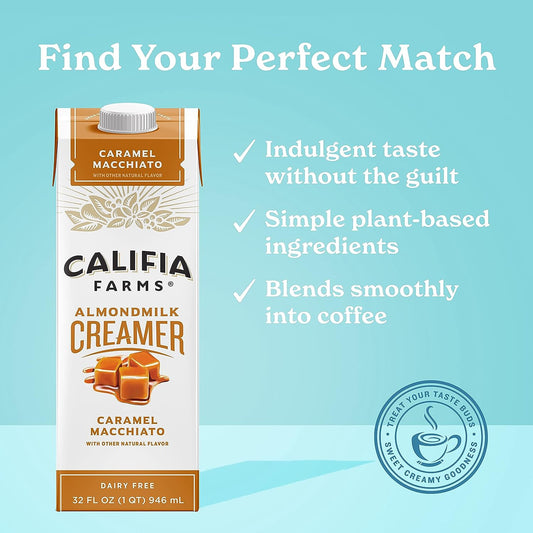 Califia Farms - Caramel Macchiato Almond Milk Coffee Creamer, (Pack of 6), Shelf Stable, Dairy Free, Plant Based, Vegan, Gluten Free, Non GMO, Almond Creamer