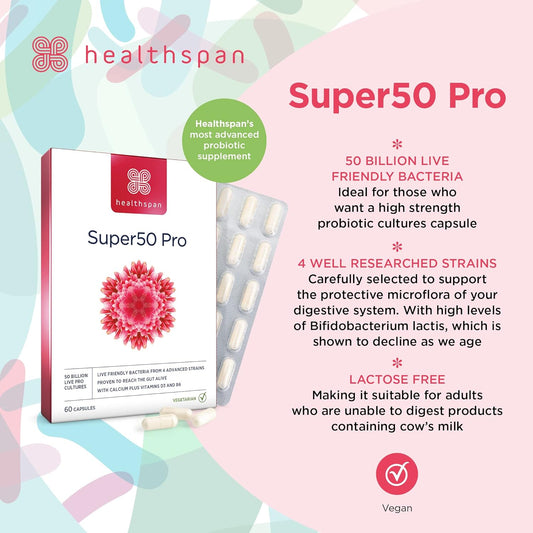 Healthspan Super50 Probiotic | Gut Health | With Vitamin D3 | 50 Billi114 Grams