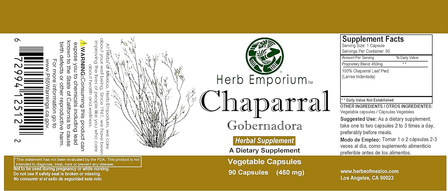 Chaparral (Gobernadora), 90 Capsules (450 mg) by Herb Emporium (Pack o