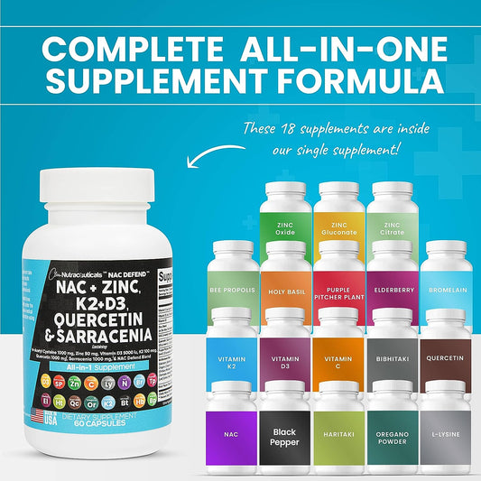 NAC Supplement N-Acetyl Cysteine 1000mg Vitamin D3 K2 Zinc Quercetin 1