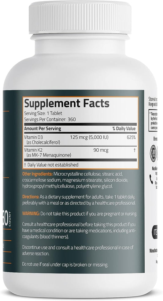Bronson Basics Vitamin K2 D3 (MK7) Supplement Non-GMO Formula 5000IU (