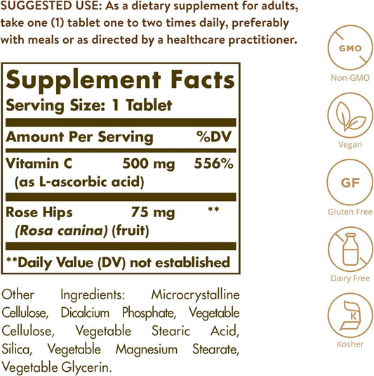 Solgar Vitamin C 500 mg with Rose Hips, 250 Tablets - Antioxidant & Immune Support - Overall Health - Supports Healthy Skin & Joints - Non GMO, Vegan, Gluten Free, Dairy Free, Kosher - 250 Servings