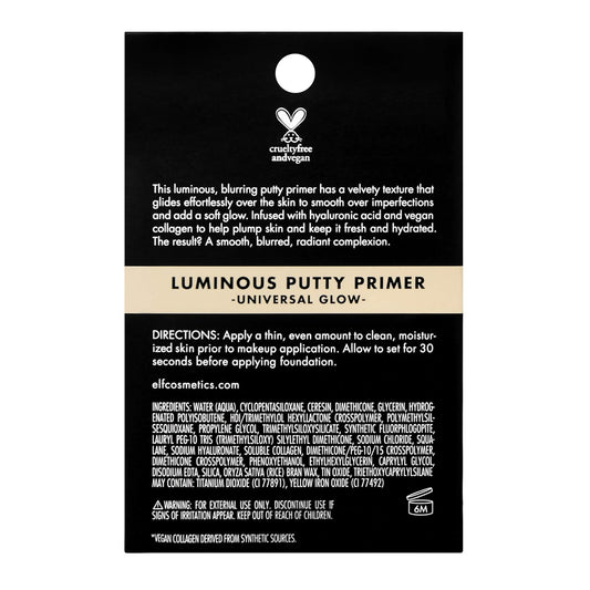 e.l.f., Luminous Putty Primer, Skin Perfecting, Lightweight, Silky, Long Lasting, Hydrates, Creates a Smooth Base, Illuminates, Plumps, Infused with hyaluronic acid and vegan collagen, 0.74