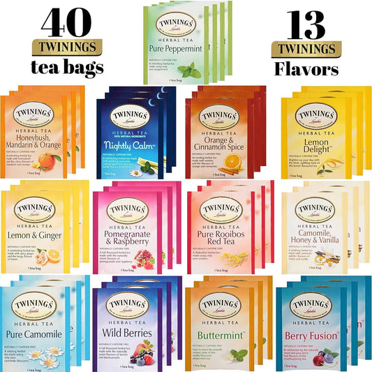 Twinings Herbal Tea Variety Pack - Herbal Tea Sampler (40 Herbal Tea Bags) + Monk Fruit Sweetener ( Bottle) + Giftable Box, Brochure, and Recipe eBook - Tea Gift Set, Perfect Tea Sets For Women & Men