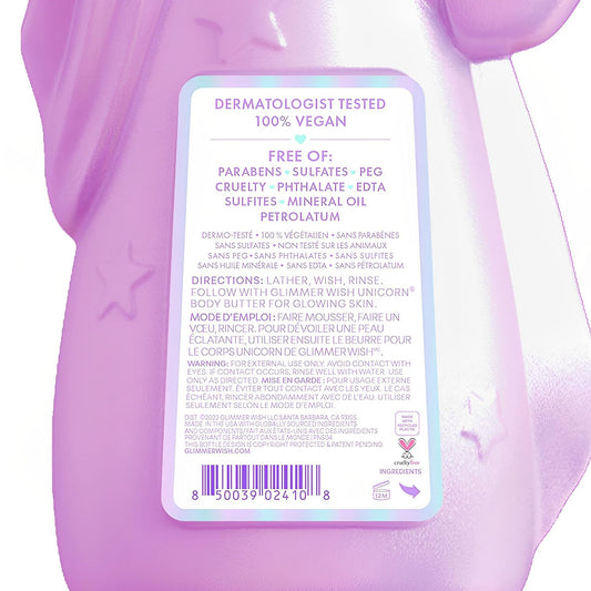 Premium Unicorn Body Wash by Glimmer Wish, Vanilla Cotton Candy Scent, Dermatologist Tested, Sulfate & Sulfite Free, Gluten & Paraben Free, PEG & EDTA Free, 100% Vegan, Vegetable-Derived Ingredients, Coconut-Derived Moisturizer, 12