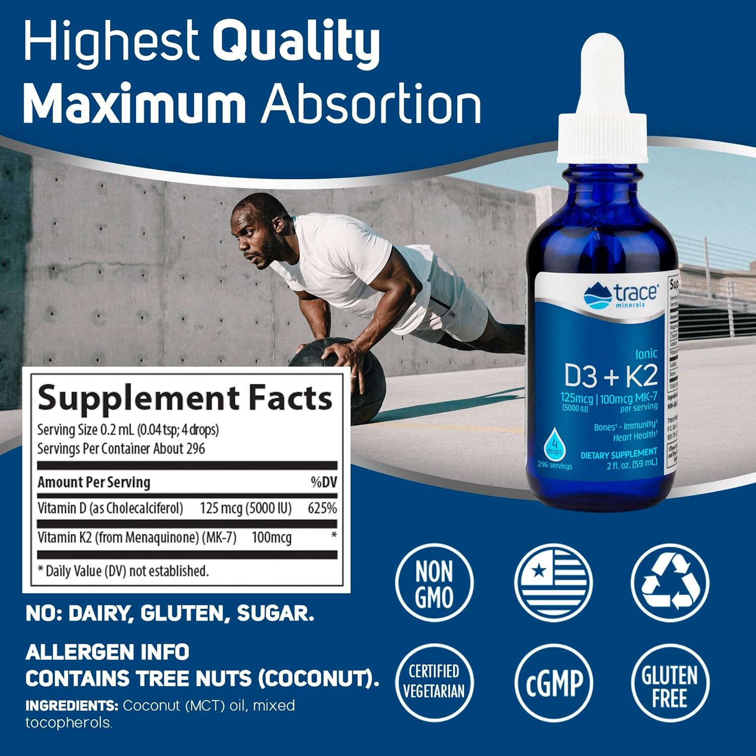Trace Minerals | Liquid Ionic Vitamin D3 + K2 | 125 mcg (5,000 IU) D3,