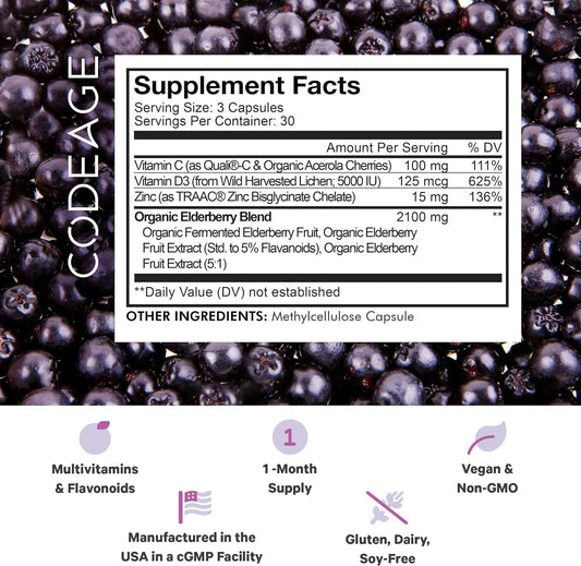 Codeage Organic Black Elderberry Supplement - Vitamin C, D, Zinc - Fer