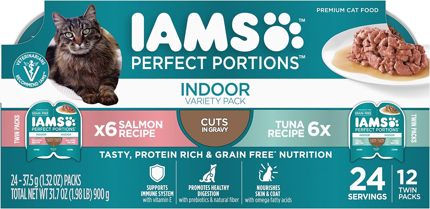 Iams Perfect Portions Indoor Adult Grain Free Wet Cat Food Cuts In Gravy Variety Pack, Tuna Recipe And Salmon Recipe, (1