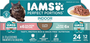 IAMS PERFECT PORTIONS Indoor Adult Grain Free Wet Cat Food Cuts in Gravy Variety Pack, Tuna Recipe and Salmon Recipe, (1