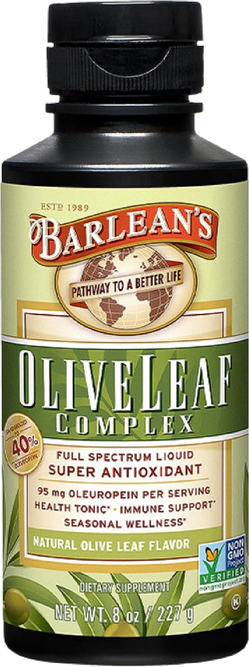 Barlean's Olive Leaf Complex Liq Immune Support Supplement with 95mg Oleuropein Antioxidants for Seasonal Wellness, Heart Health, & Immune System Booster, 8