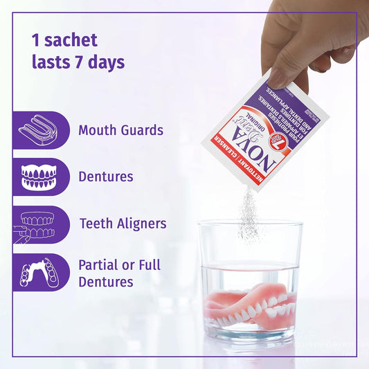 Novadent Dentures Cleaner – for Dental Appliances, Retainers, Trays, Mouth Guards, Teeth Aligners? - 1 Year (52 sachets)