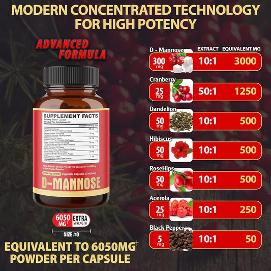 D-Mannose Capsules - 7 Herbs Equivalent to 6050mg with Cranberry, Dandelion, Hibiscus and More - Support Flush Impuritie