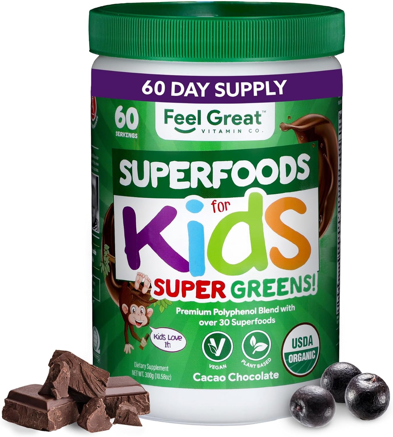 Feel Great Usda Organic Super Greens For Kids | Vegan Chocolate Greens