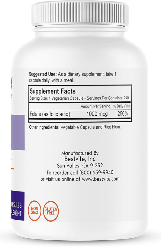 BESTVITE Folic Acid 1000mcg (Vitamin B9) (240 Vegetarian Capsules) - N