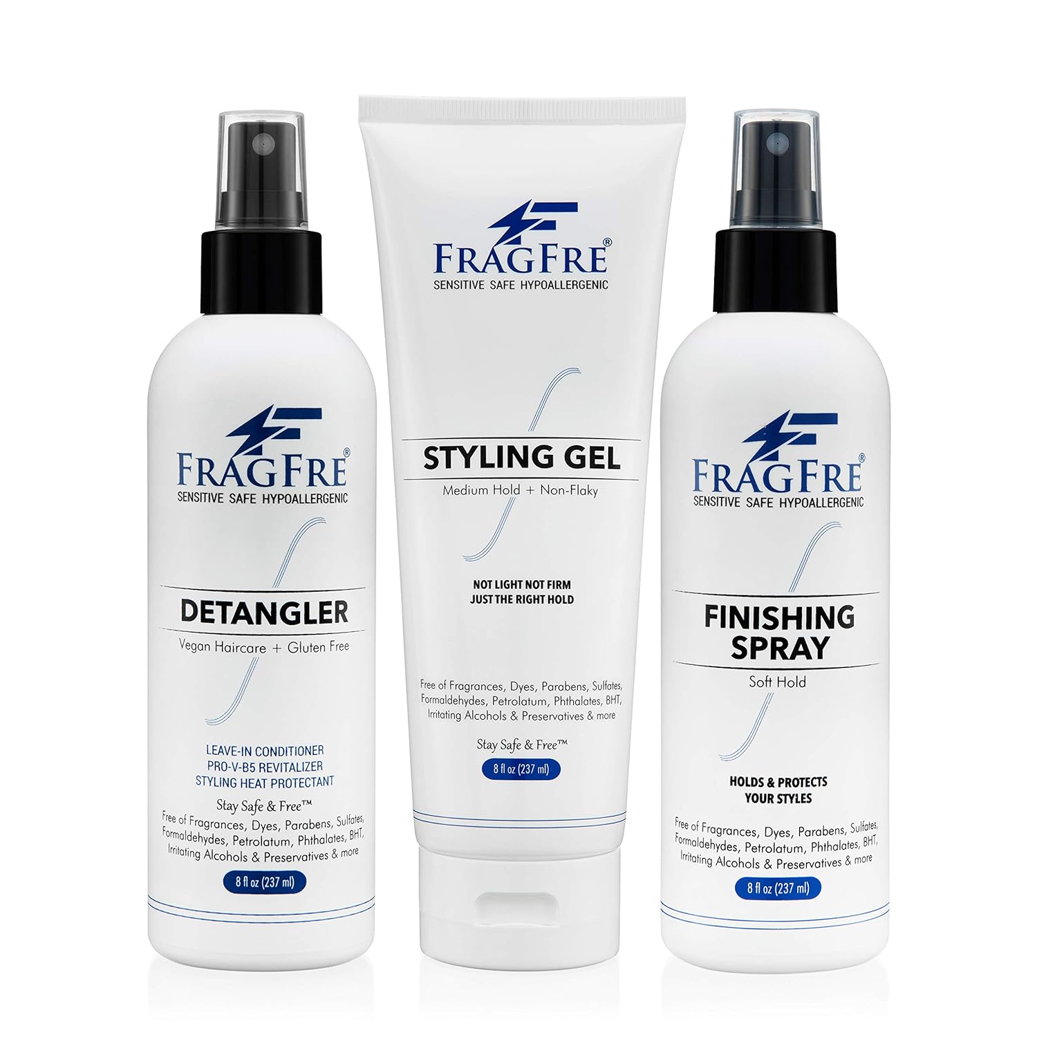FRAGFRE Hair Styling Set for Sensitive Skin 8 /ea (3-Pack Gift Set) - Detangler-Styling Gel-Finishing Spray - Fragrance Free Paraben Free Hypoallergenic - No Burning or Itching Hair Styling - Vegan