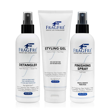 FRAGFRE Hair Styling Set for Sensitive Skin 8 /ea (3-Pack Gift Set) - Detangler-Styling Gel-Finishing Spray - Fragrance Free Paraben Free Hypoallergenic - No Burning or Itching Hair Styling - Vegan