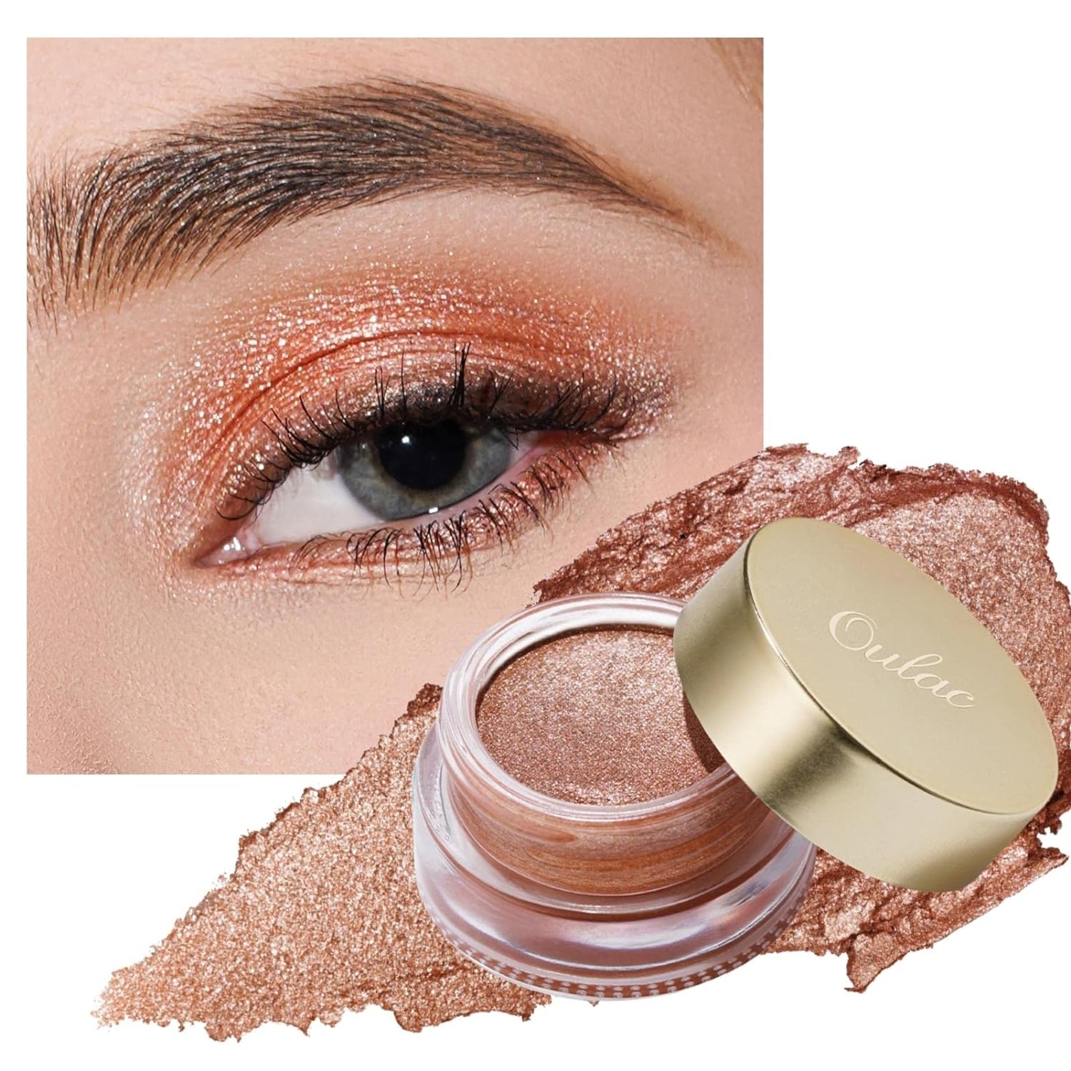 Oulac Warm Peach Glitter Cream Eyeshadow for Women with Moisturizing Smooth Formula. Multi-use for Highlighter, Highly Pigmented Metallic Shimmer Eye Makeup.Waterproof, Large Capacity 0.42 .(08)
