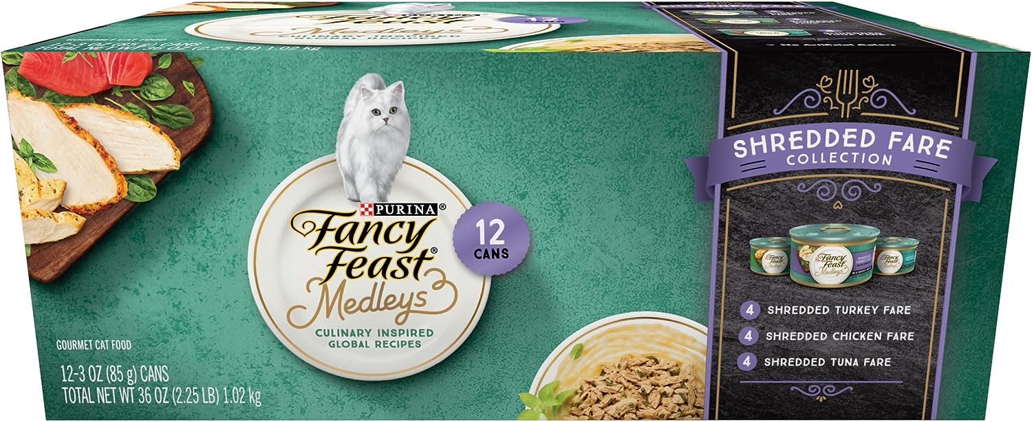 Purina Fancy Feast Wet Cat Food Variety Pack, Medleys Shredded Fare Collection - (12) 3 oz. Cans