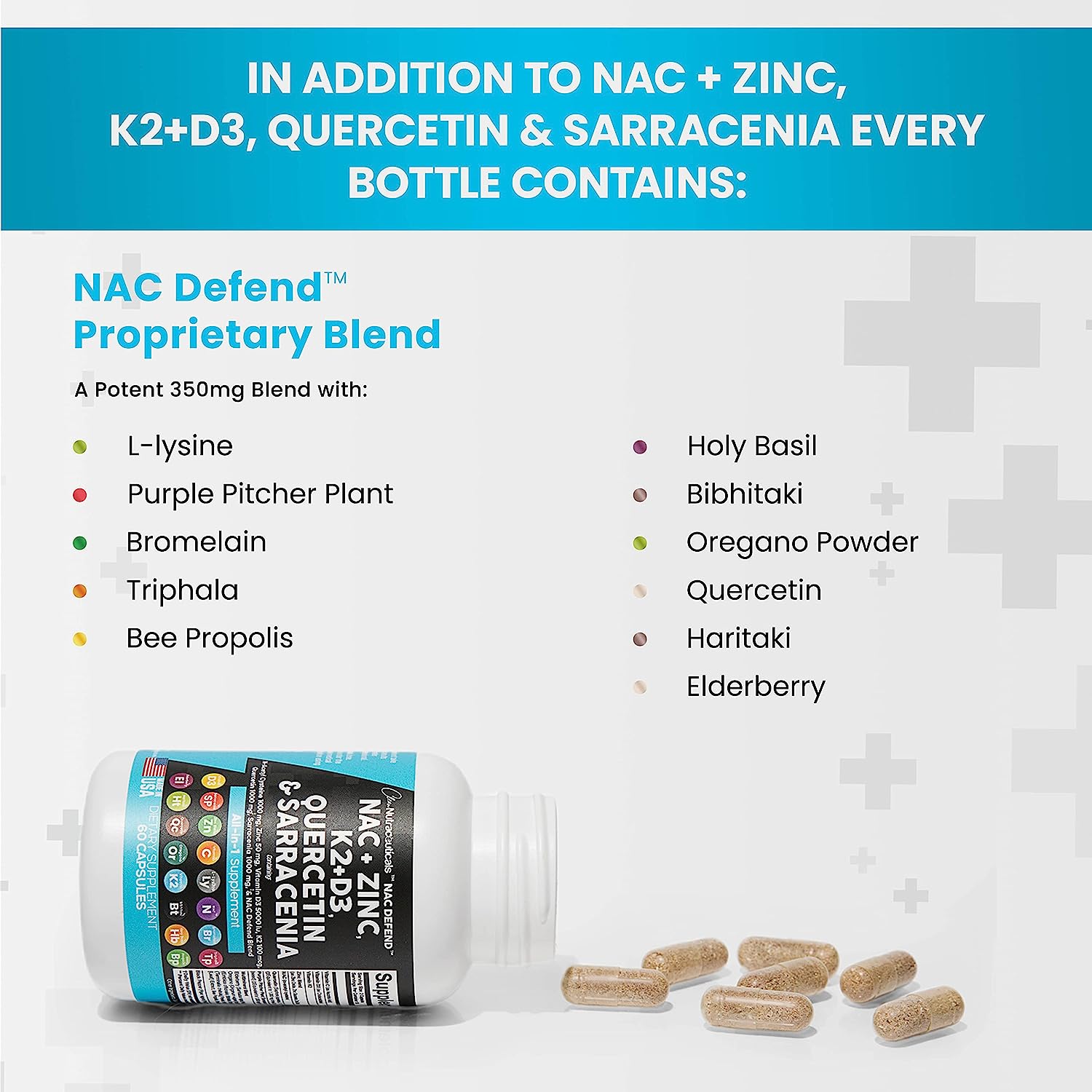 NAC Supplement N-Acetyl Cysteine 1000mg Vitamin D3 K2 Zinc Quercetin 1