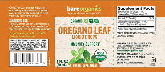 BareOrganics Oregano Leaf Liquid Drops, Herbal Supplement, Immunity Su