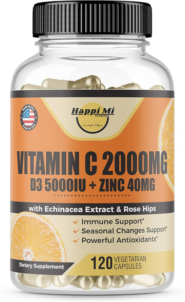 Happi Mi Nutrition Vitamin C 2000MG, Zinc 40 mg, Vitamin D3 5000 IU, Echinacea Extract, Rose Hip, Immune Support for Adu