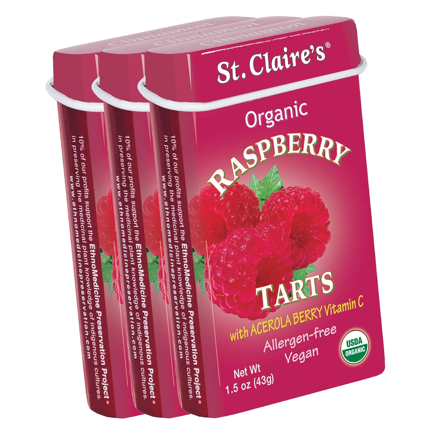 St. Claire's Organic Fruit Tart Candies, (Raspberry, 1.5 Ounce Tin, Bundle of 3) | Gluten-Free, Vegan, GMO-Free, Plant-b