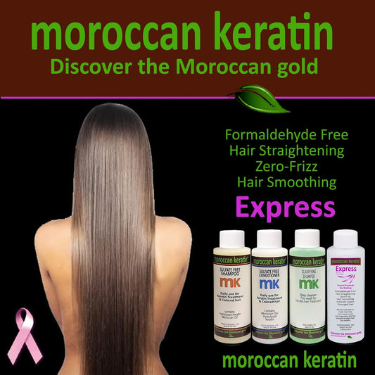 Moroccan Keratin Express Smoothing Straightening Hair Treatment Formaldehyde Free No-Wait Formula Instant Results 120mlx4 with Clarifying Shampoo, Sulfate-Free Shampoo and Conditioner
