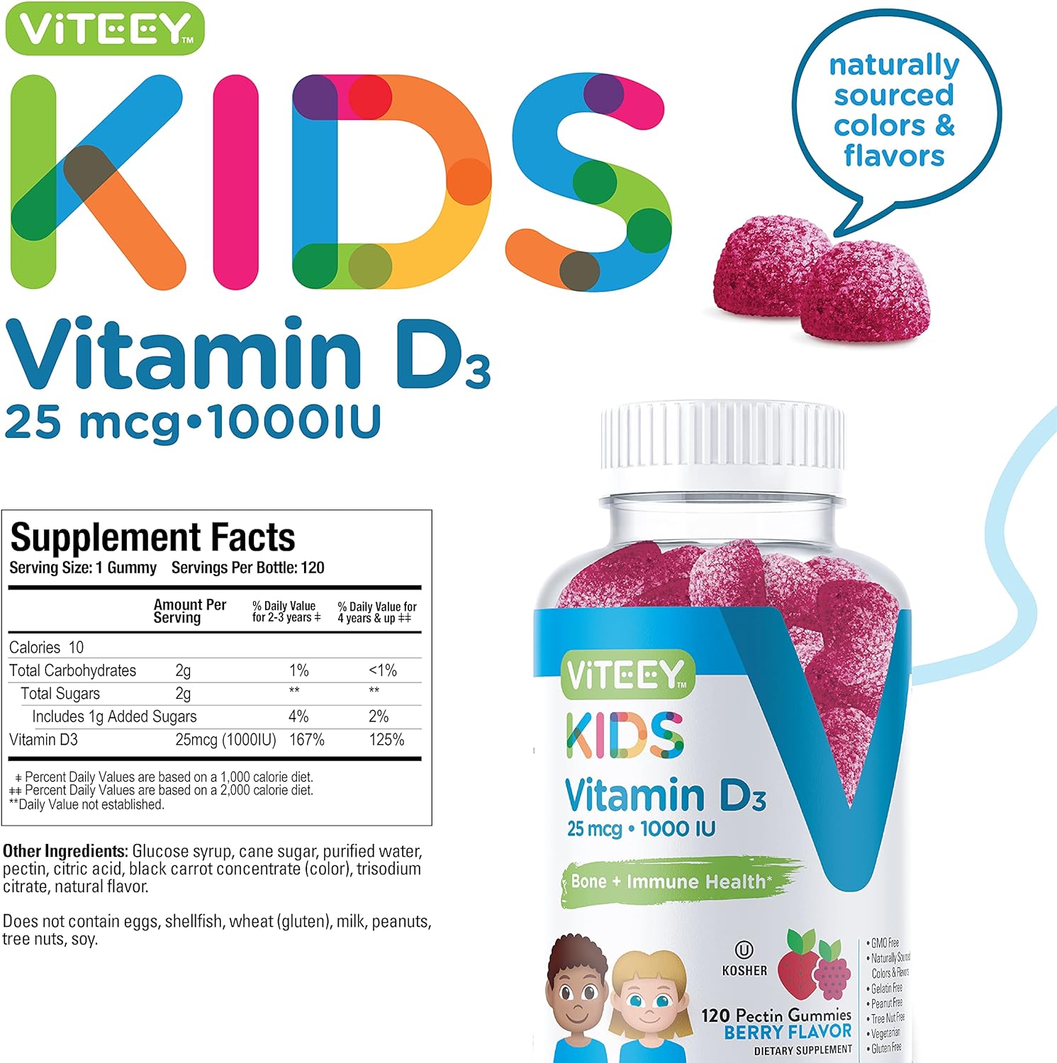  [120 Count] Vitamin D3 Gummies 25mcg 1000 IU Formulated for