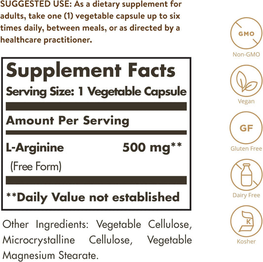 Solgar L-Arginine 500 mg, 100 Vegetable Capsules - Supports Blood ow & Heart Health - Nitric Oxide Stimulator - Supports Active Lifestyles - Non-GMO, Gluten Free, Dairy Free, Kosher - 100 Servings