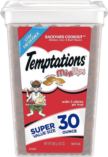 TEMPTATIONS MIXUPS Crunchy and Soft Cat Treats Backyard Cookout Flavor, 30 oz. Tub