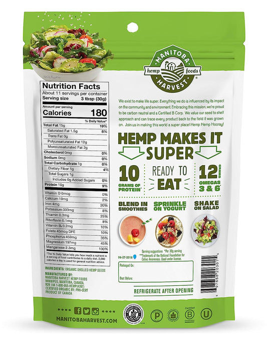 Organic Hemp Hearts, 10g Plant Based Protein and 12g Omega 3 & 6 per Srv | Smoothies, yogurt & salad | Non-GMO, Vegan, Keto, Paleo, Gluten Free | Manitoba Harvest