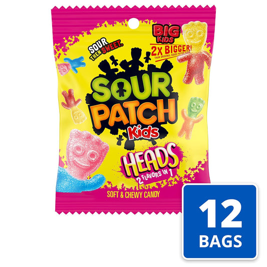 SOUR PATCH KIDS Heads 2 Flavors in 1 Soft & Chewy Candy, 12 - 5 oz Bags