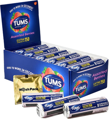 Tums Antacid Chewable Tablets for Travel, 12 Rolls Extra Strength Fast Acting Chewy Bites Assorted Berry Flavor for Hear